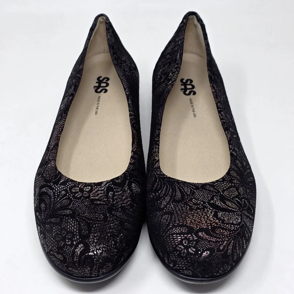 SAS Womens Scenic Floral Ballet Flats Black Suede Made In USA Sz 10 N Pre-owned